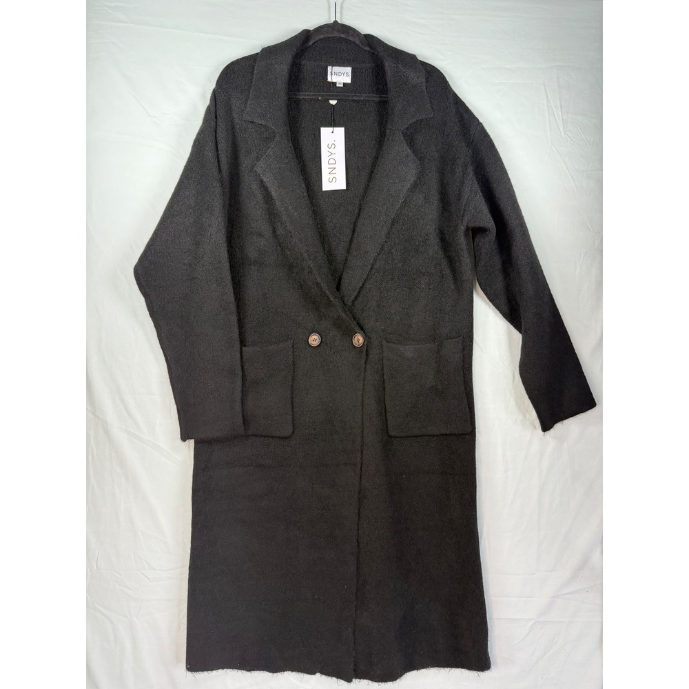 SNDYS wmns Black Knit‎ Longline Coat Notched Lapel Double Button Pockets Sz  M